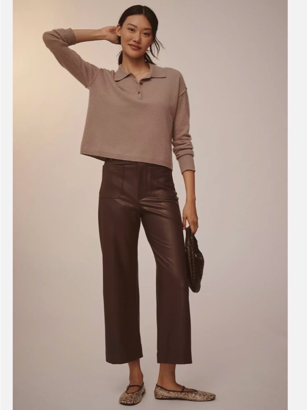 Maeve by Anthropologie The Colette Brown Faux Leather Cropped Wide Leg Pants 29
